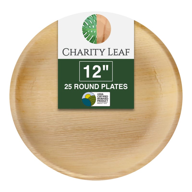 Charity Leaf Disposable Palm Leaf 12" Round Plates (25 pieces) Bamboo Like Serving Platters, Disposable Boards, Eco-Friendly Dinnerware For Weddings, Catering, Events - Image 1
